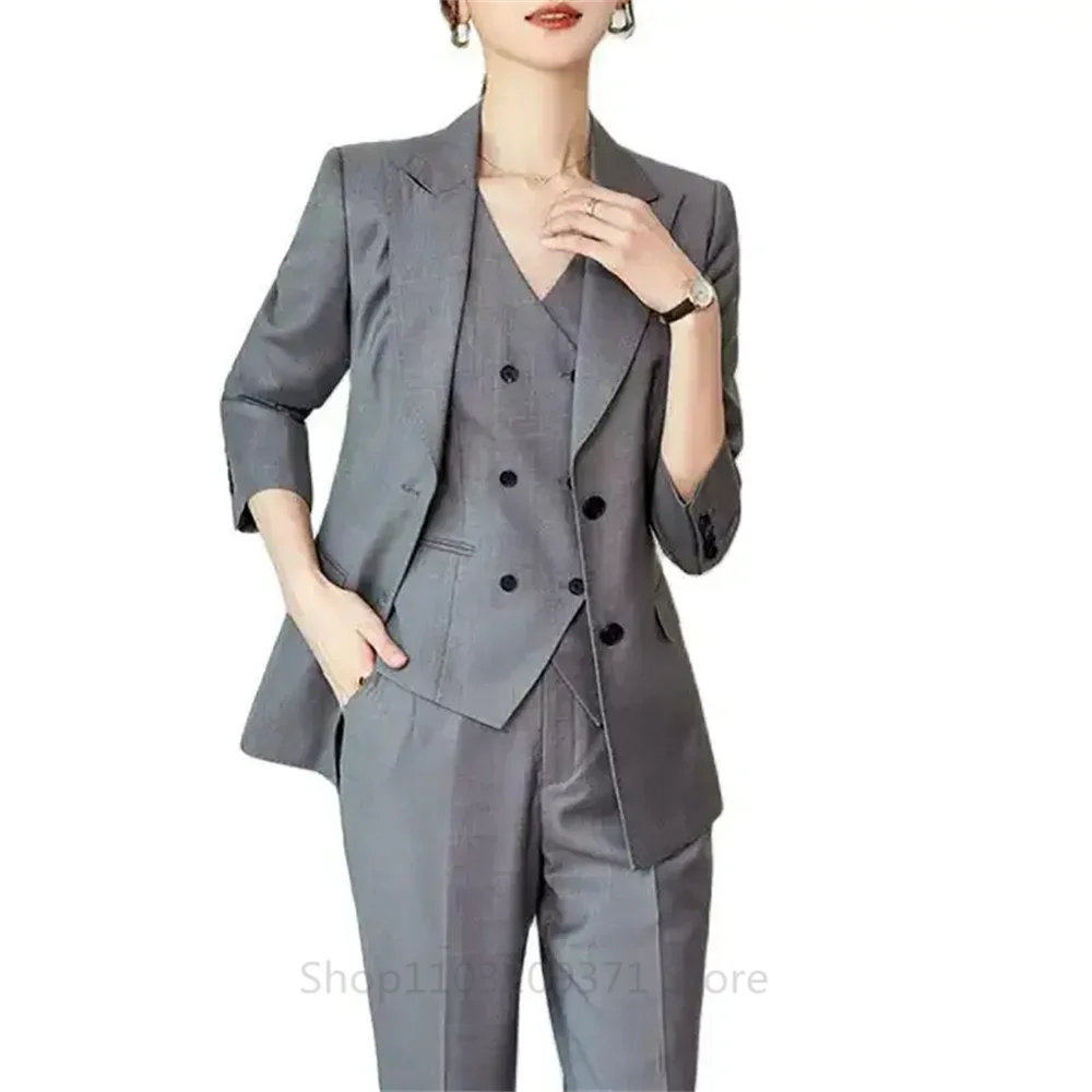 Pink Women Plus Size Suit 3 Piece Single Breasted Slim Fitting Temperament Suitable For Business Work Set Jacket Vest With Pants