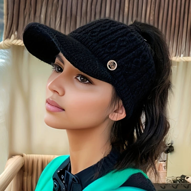 Autumn and Winter Woolen Duck Tongue Cap Teenage Fashion Versatile Hat Female Leakage Ponytail Outdoor Padded Warm Knitted Cap