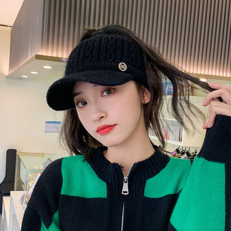 Autumn and Winter Woolen Duck Tongue Cap Teenage Fashion Versatile Hat Female Leakage Ponytail Outdoor Padded Warm Knitted Cap
