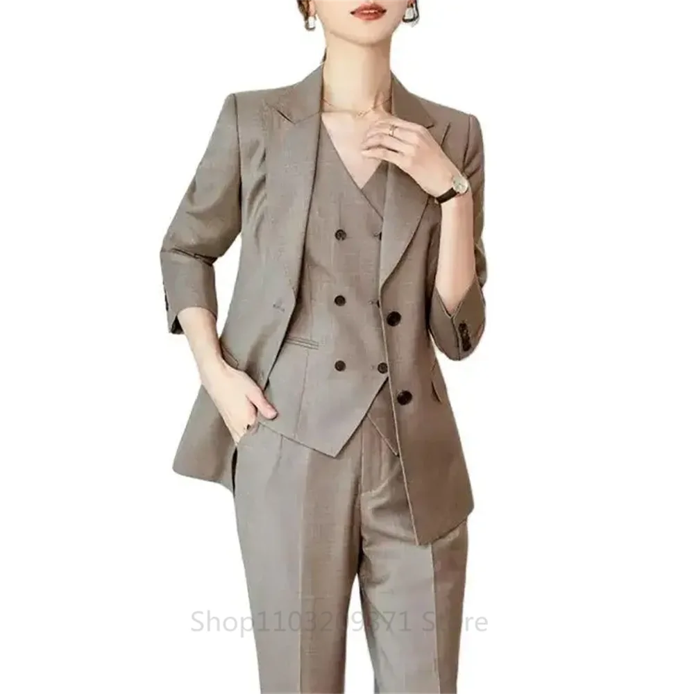 Pink Women Plus Size Suit 3 Piece Single Breasted Slim Fitting Temperament Suitable For Business Work Set Jacket Vest With Pants