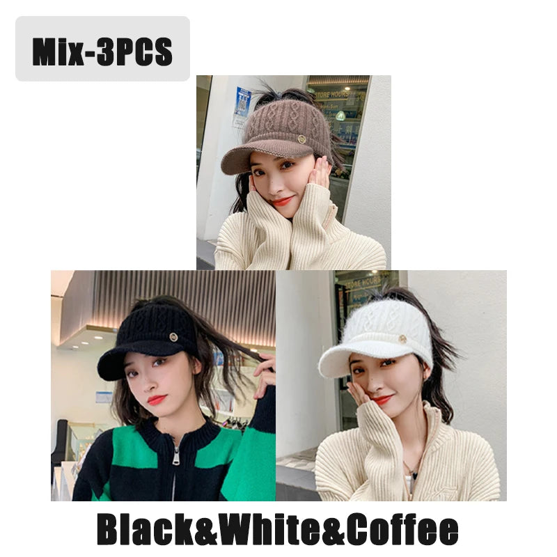 Autumn and Winter Woolen Duck Tongue Cap Teenage Fashion Versatile Hat Female Leakage Ponytail Outdoor Padded Warm Knitted Cap