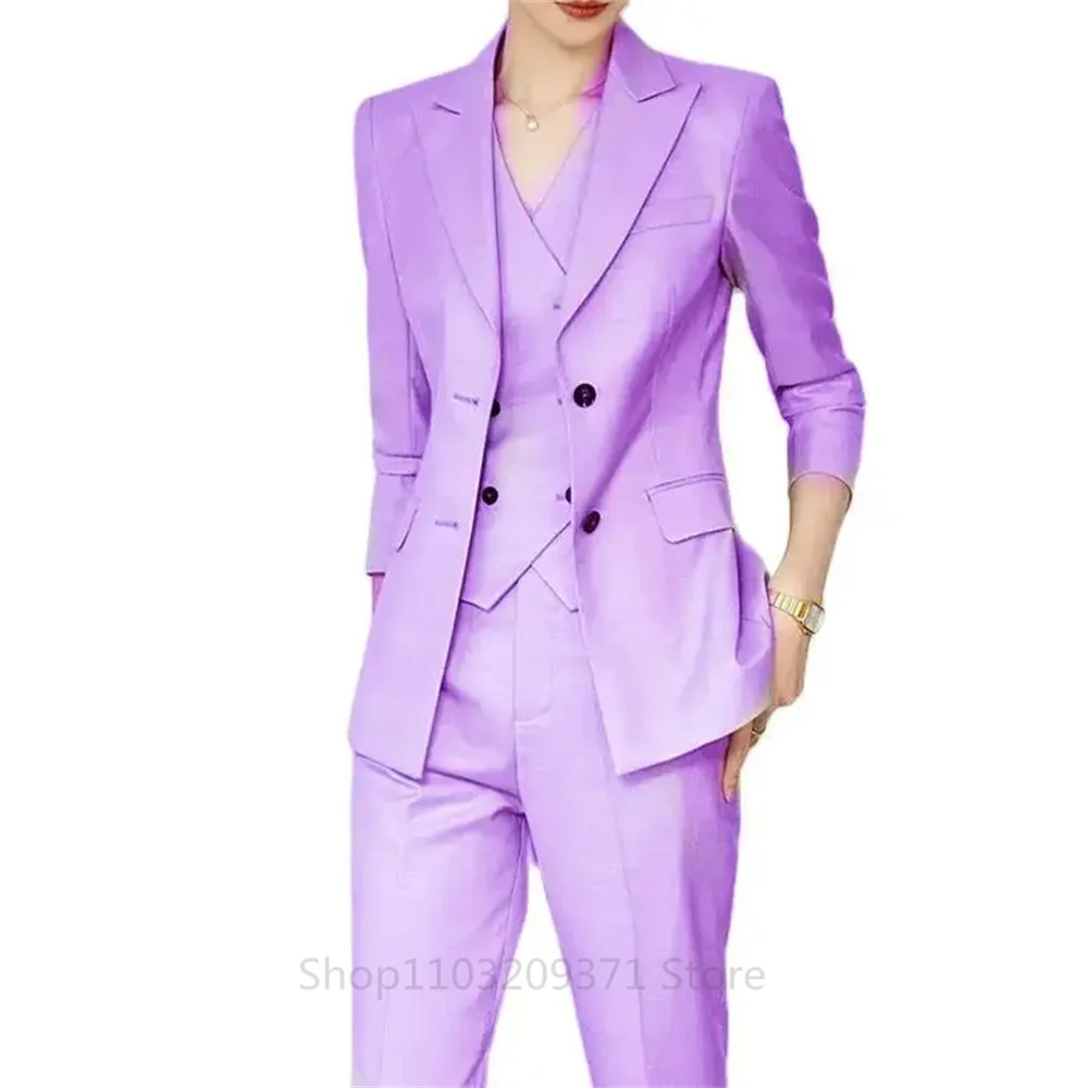 Pink Women Plus Size Suit 3 Piece Single Breasted Slim Fitting Temperament Suitable For Business Work Set Jacket Vest With Pants