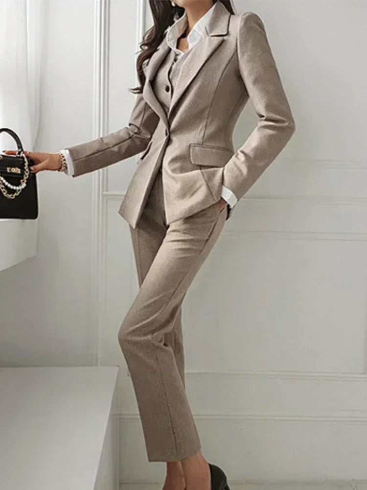 Women Suits 3 Piece Chic Peak Lapel Single Button Outfits Fashion Business Casual Daily Office Pants Sets (Blazer+Vest+Pants)