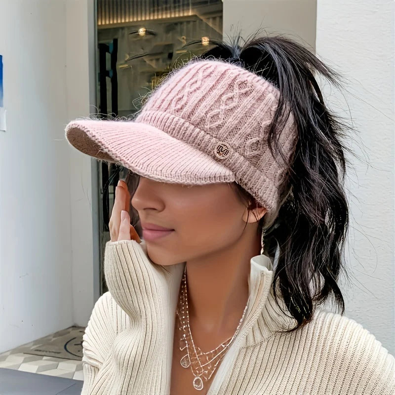 Autumn and Winter Woolen Duck Tongue Cap Teenage Fashion Versatile Hat Female Leakage Ponytail Outdoor Padded Warm Knitted Cap