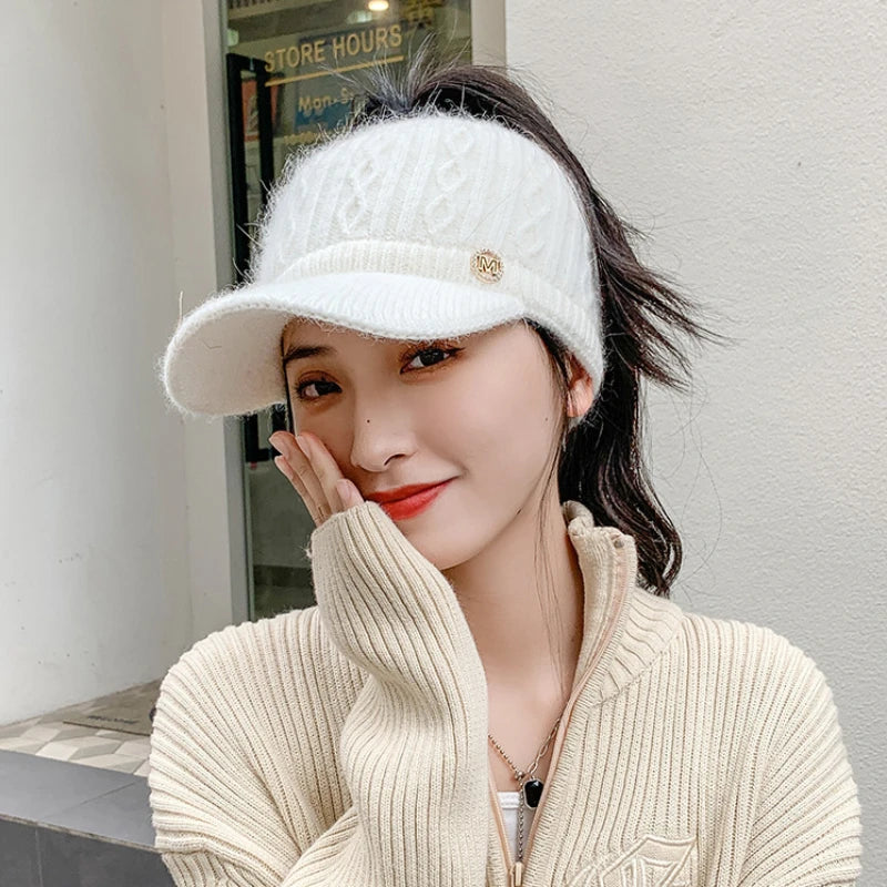 Autumn and Winter Woolen Duck Tongue Cap Teenage Fashion Versatile Hat Female Leakage Ponytail Outdoor Padded Warm Knitted Cap