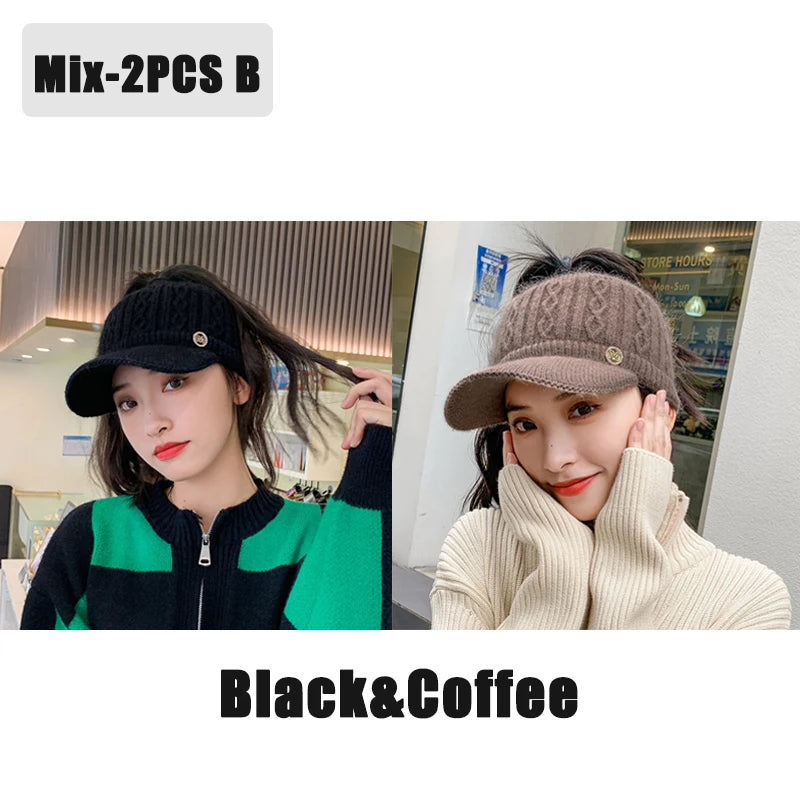 Autumn and Winter Woolen Duck Tongue Cap Teenage Fashion Versatile Hat Female Leakage Ponytail Outdoor Padded Warm Knitted Cap