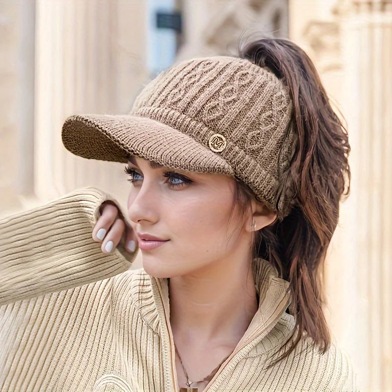 Autumn and Winter Woolen Duck Tongue Cap Teenage Fashion Versatile Hat Female Leakage Ponytail Outdoor Padded Warm Knitted Cap